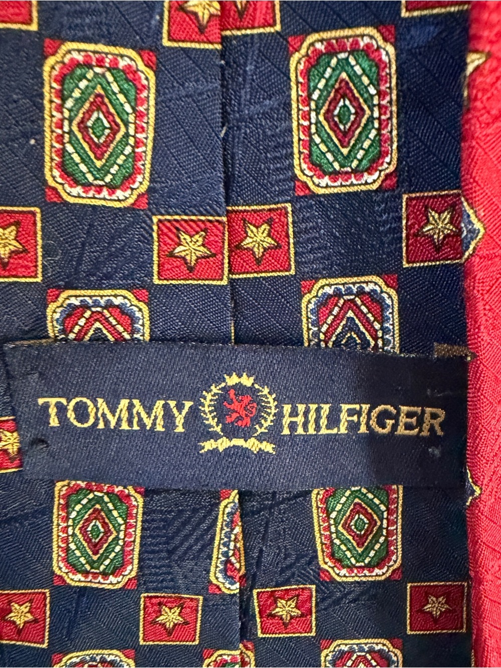 Vintage 90s Tommy Hilfiger Navy Patterned Silk Tie with Red & Green Accents